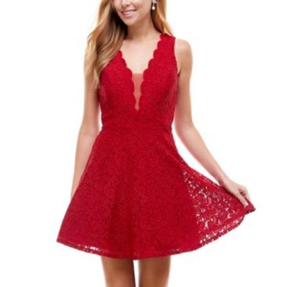 NWT! City Studios Juniors' Ruby V-Neck Glitter Lace Dress Flare Sleeveless Sz 1